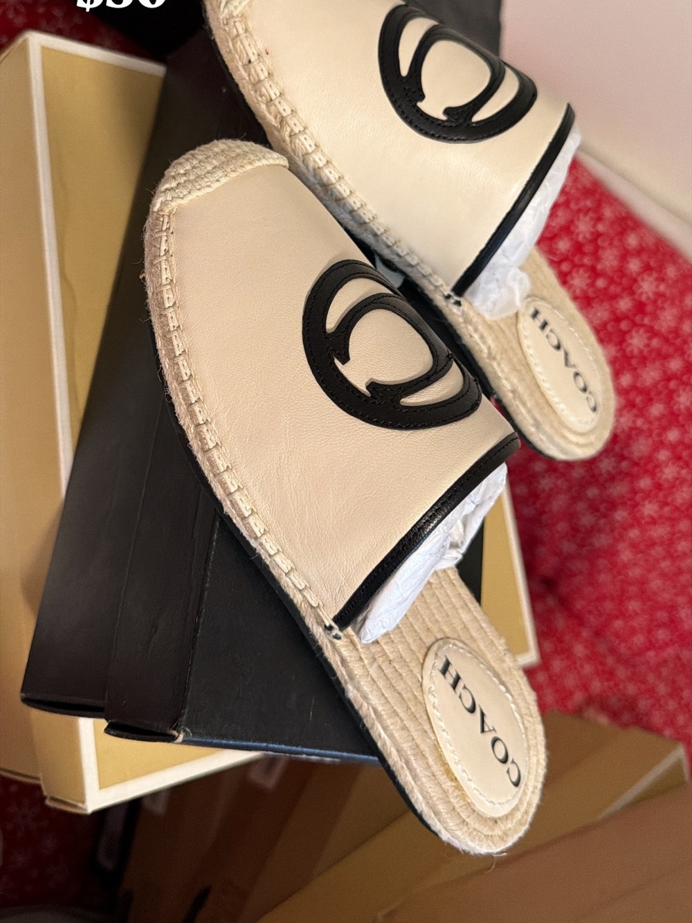 Coach Cream Leather Espadrille Mules with Black Logo Accent
